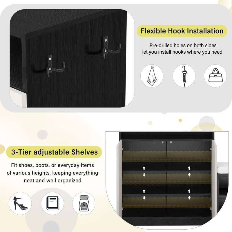 Entryway Shoe Cabinet with Bench, 2-Door Storage Console with Adjustable Shelves, 4 Open Shoe Racks & Cushion