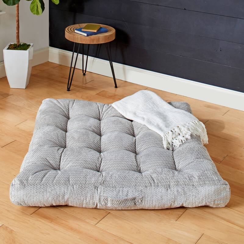 Sorra Home Velvet Shimmer Indoor Textured Tufted Large Square Floor Pillow with Handle - Grey