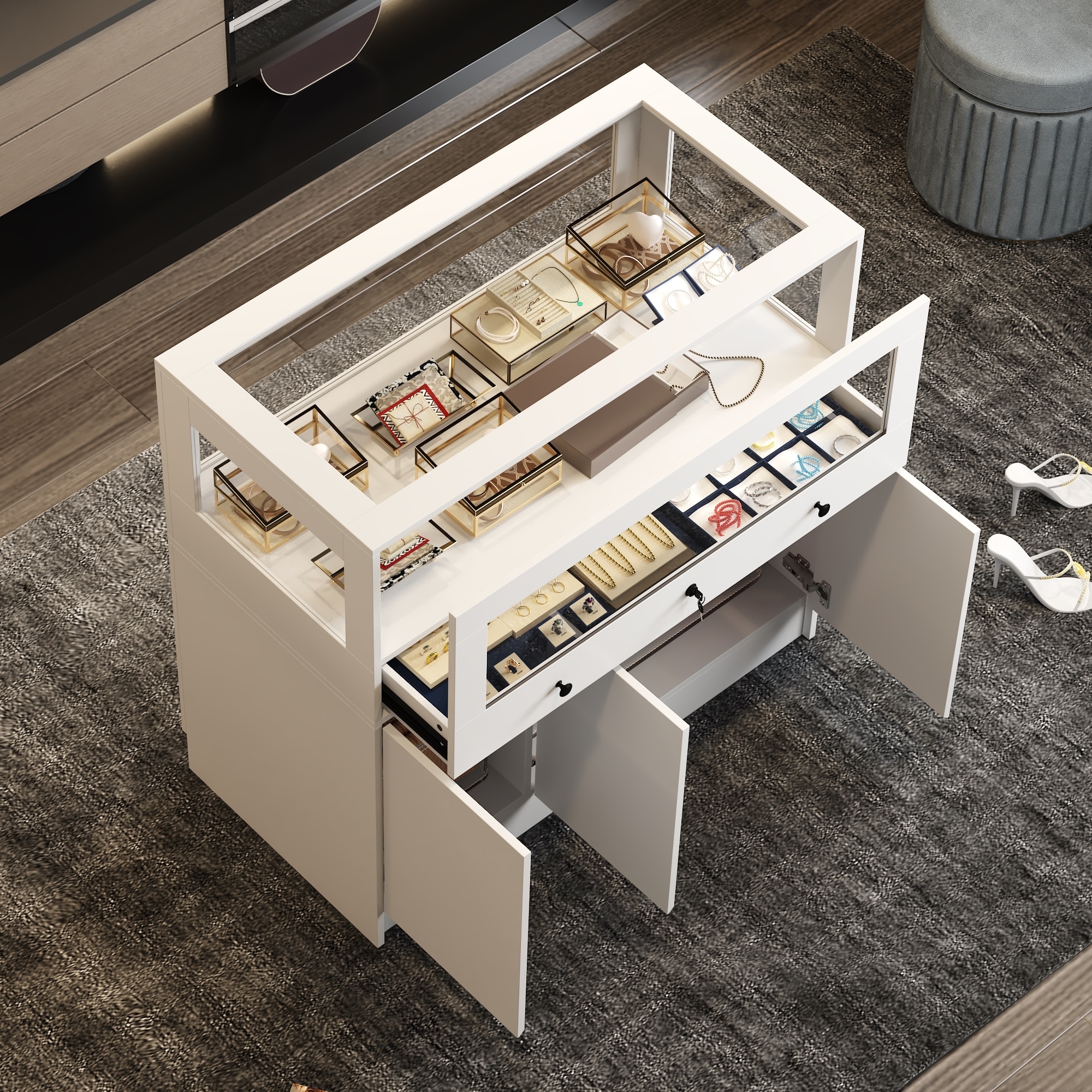 Jewelry and Display Cabinet with Glass Top and Secure Storage Dresser