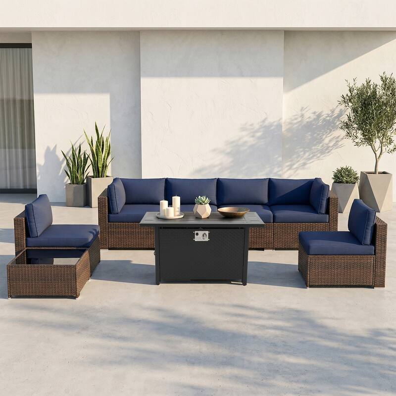 Outdoor Wicker Sectional Sofa 8-Piece Set with Fire Pit Table