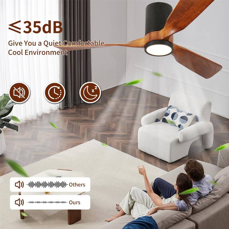 52" LED Flush Mount Ceiling Fan with Wood Blades, 6-Speed DC Remote Control