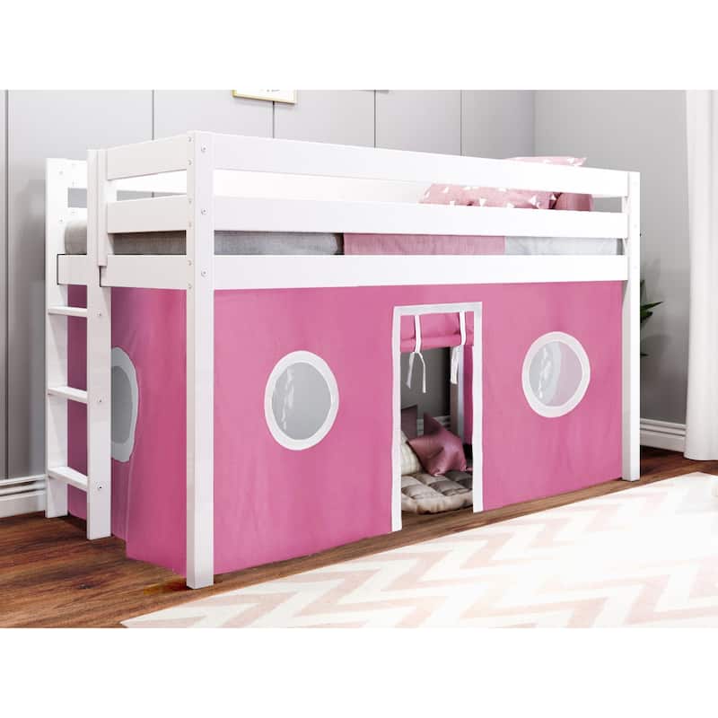 JACKPOT Contemporary Low Loft Twin Bed with End Ladder and Tent - White with Pink & White Tent