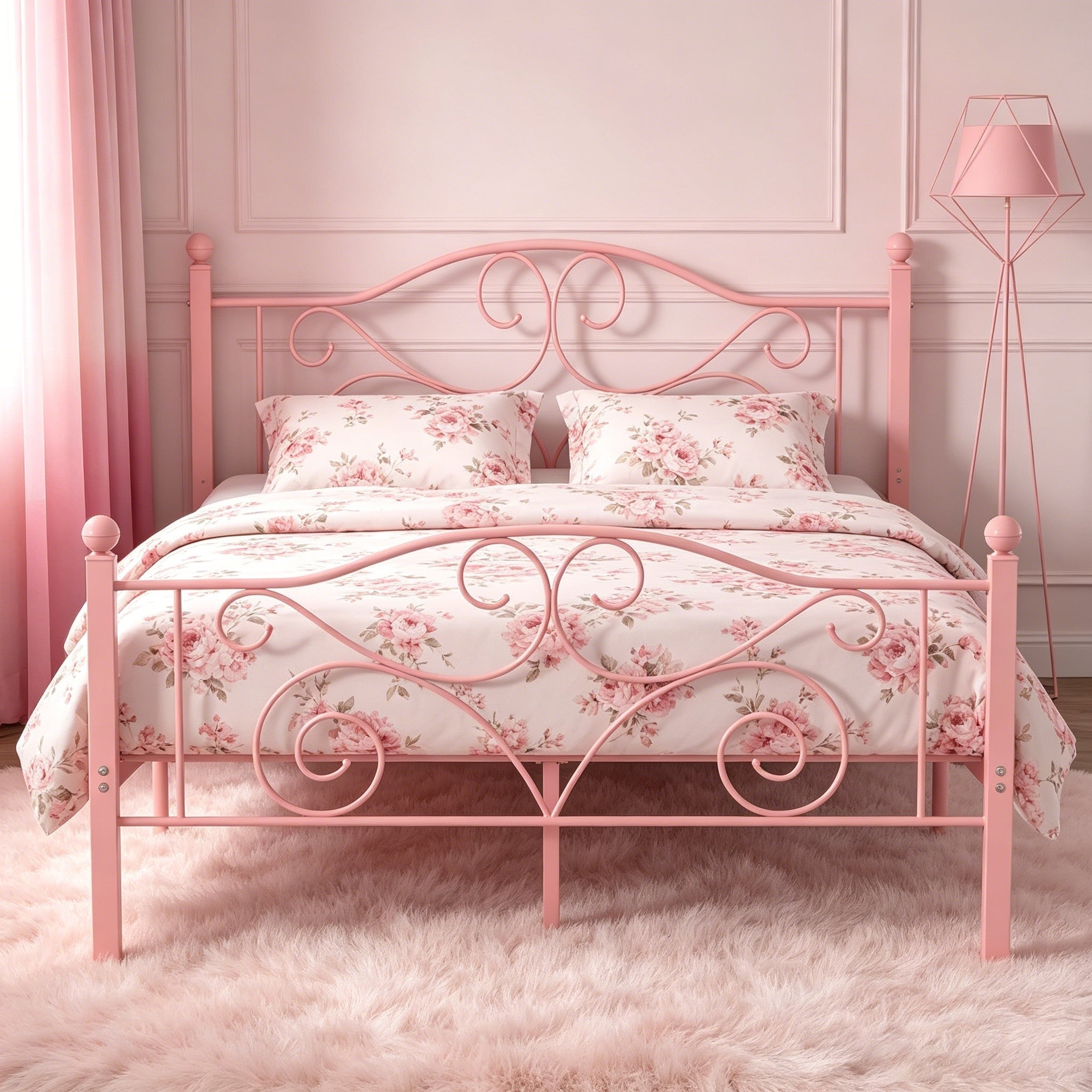 Javlergo Metal Bed Frame with Arched Roman Column Headboard and Footboard Heavy Duty Steel Slat Support No Box Spring Needed