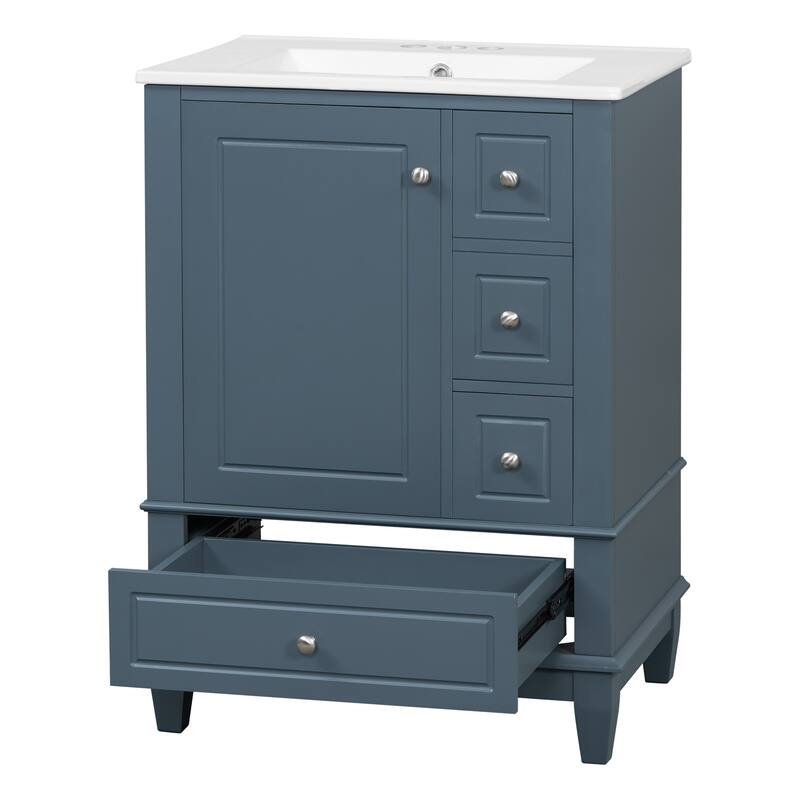 24" Bathroom with Sink and Drawers,Freestanding Cabinet with Ceramic Top and Shelves,MDF and Wood Base,Modern Sink Cabinet