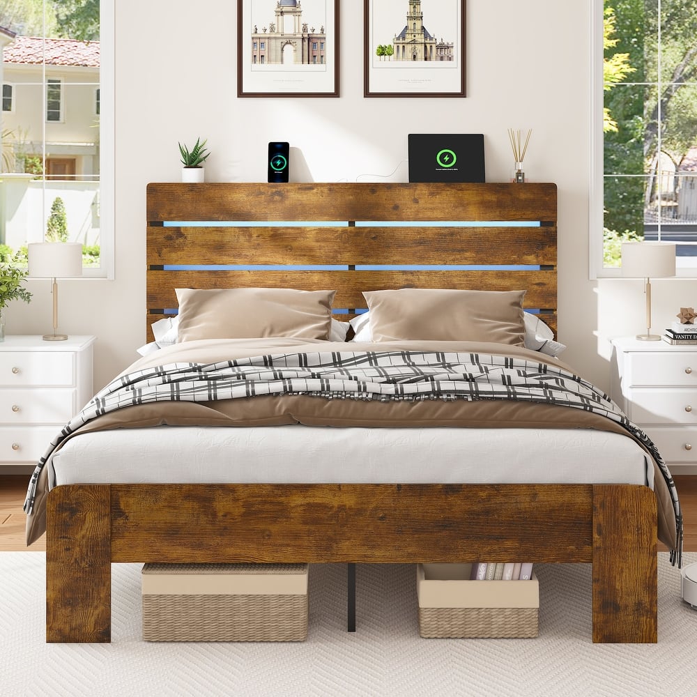 Wooden Platform Bed Frame with Metal Frame Support, Farmhouse Bed with LED Lights Headboard, Charging Station, Antique Natural