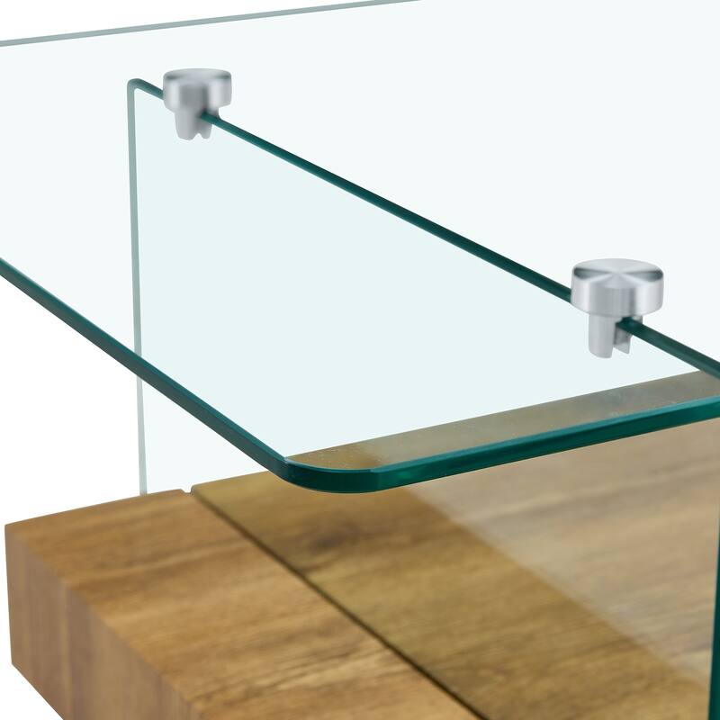 Roomfitters 43.3" Two-Tier Glass Coffee Table with Light Wood Shelf, Side Table or Display Stand