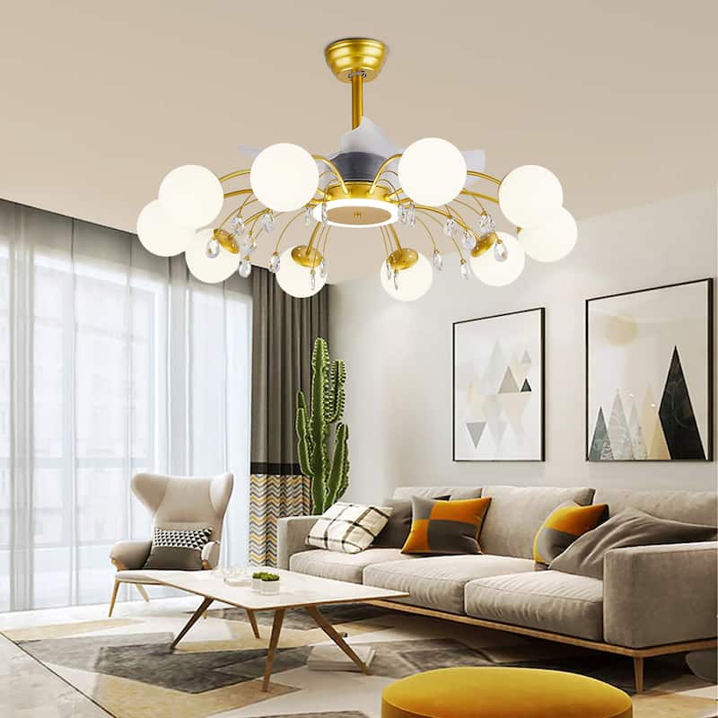 31in. Indoor Gold Modern Ceiling Fan with Light, Reversible Fandelier with Light Bulbs and Remote for Living Room
