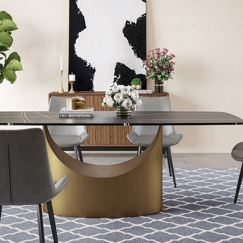 Modern Dining Table with Rectangular Sintered Stone Tabletop, Carbon Steel Leg, Minimalist Kitchen Dining Room Table