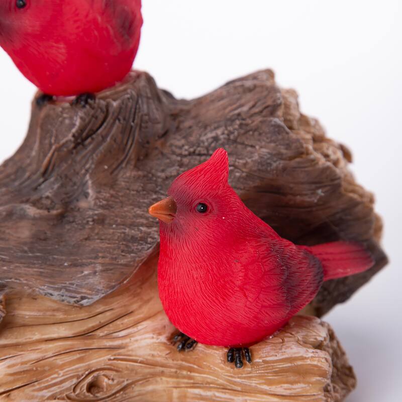 Solar Cardinal Family On Wooden Log Garden Statue