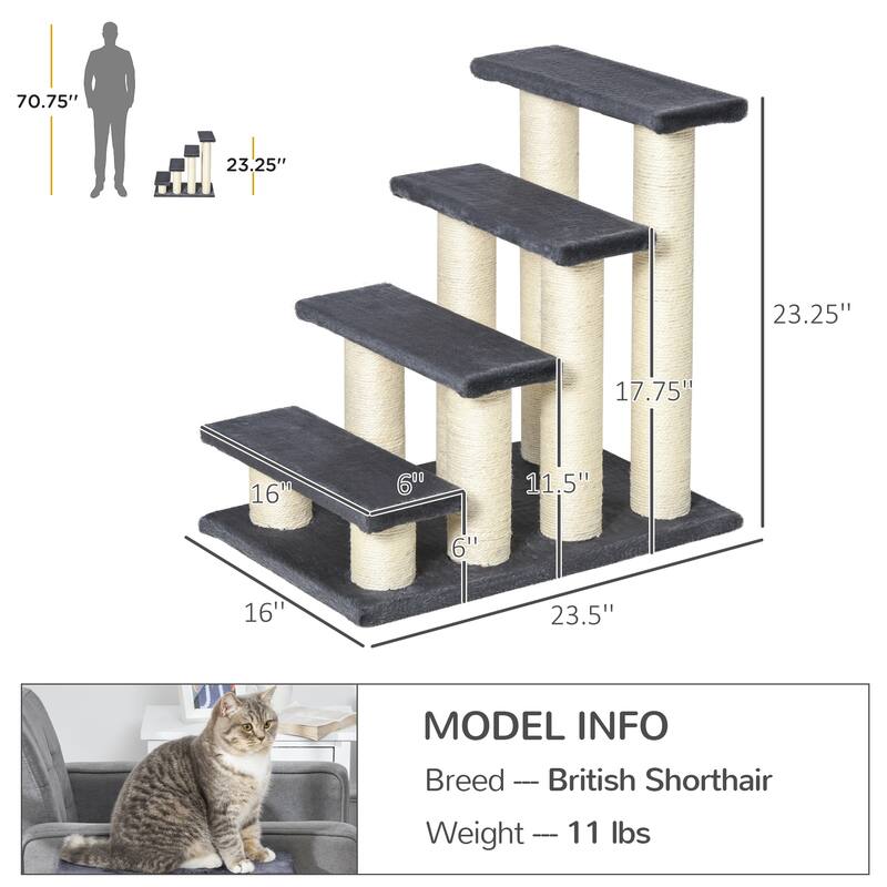 Cat Tree with 4 Steps for High Beds Couch, Cute Stair Shaped Cat Tree for Indoor Cats or Dogs w/ Sisal Scratching Post - Gray