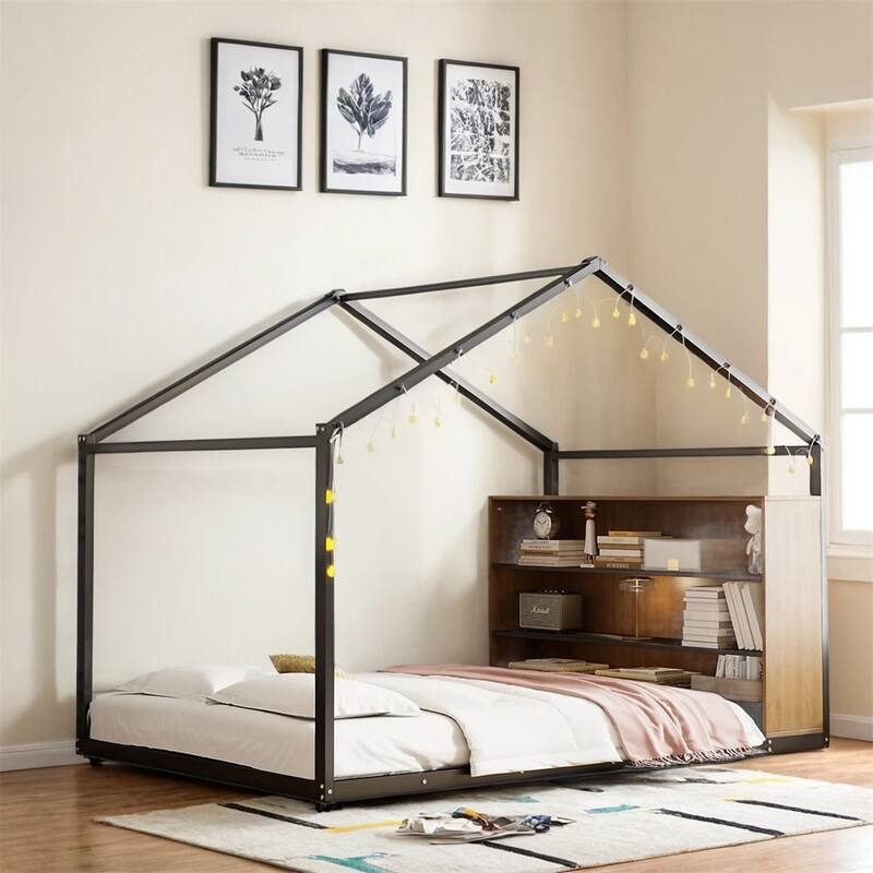Full Size Metal Bed House Bed Frame with Shelves and Lights