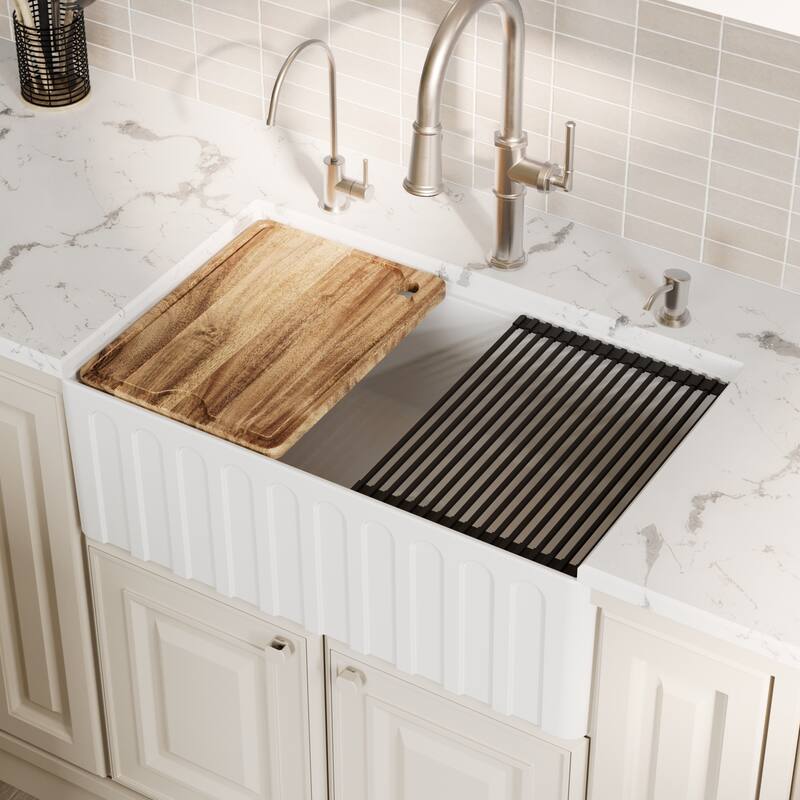 Karran 30" Single Bowl Workstation Fireclay Kitchen Sink with Reversible Fluted Apron Front