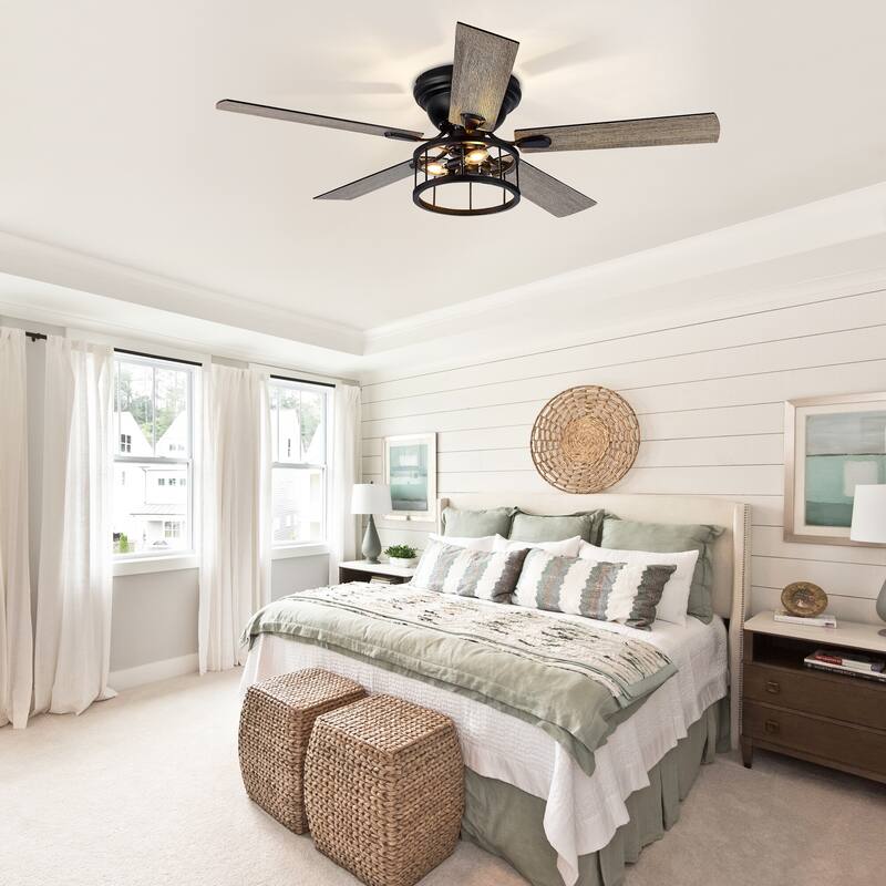 52" Flush Mount Ceiling Fan with Light Remote Control, 5 Blade - 52 Inch