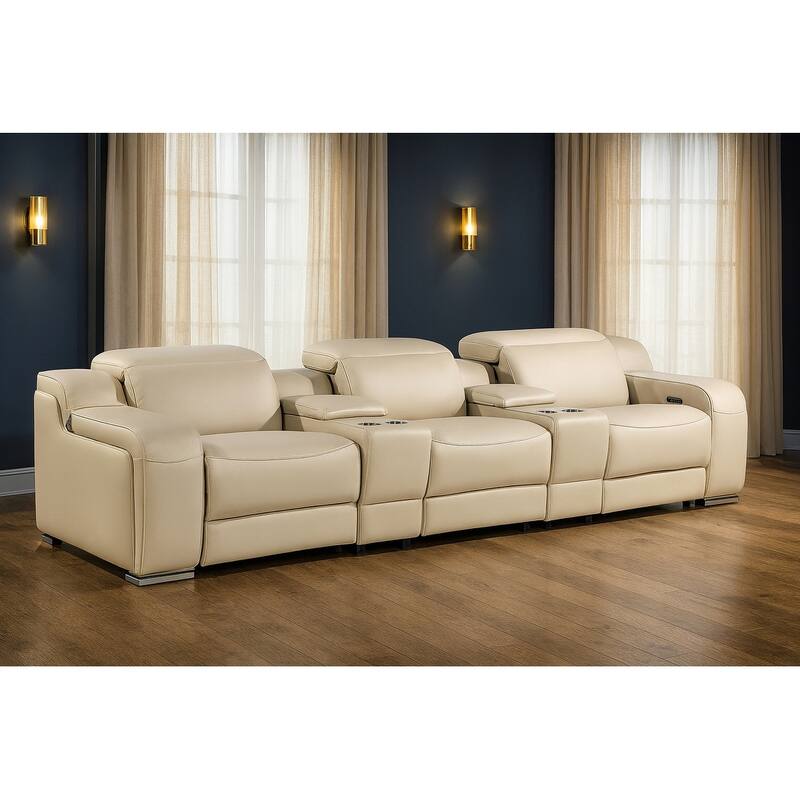 HomeRoots 129" Beige Italian Leather Reclining USB Sofa - Beige