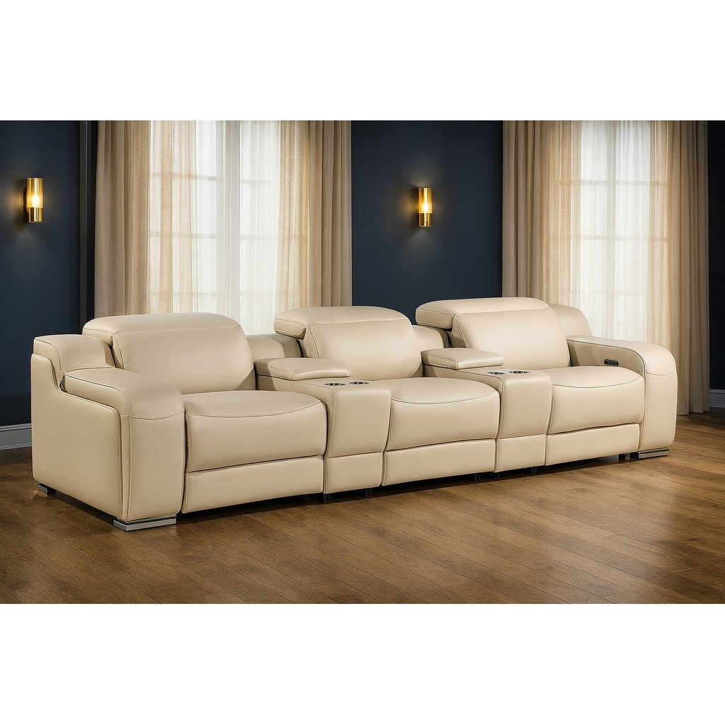 HomeRoots 129" Beige Italian Leather Reclining USB Sofa