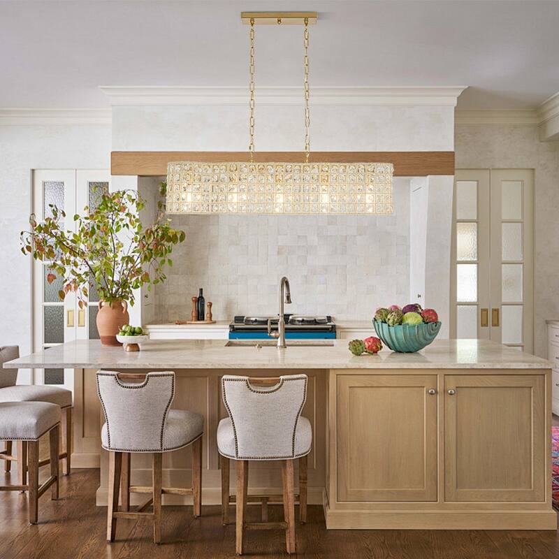 Gorgeous 5-Light Sparkling Crystal Grid Linear Chandelier - 40.2 in - Brushed Brass - Gourd-shaped