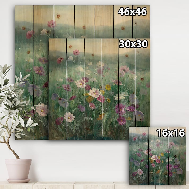 Designart 'Flower field' Floral Farmhouse Print on Natural Pine Wood - Blue