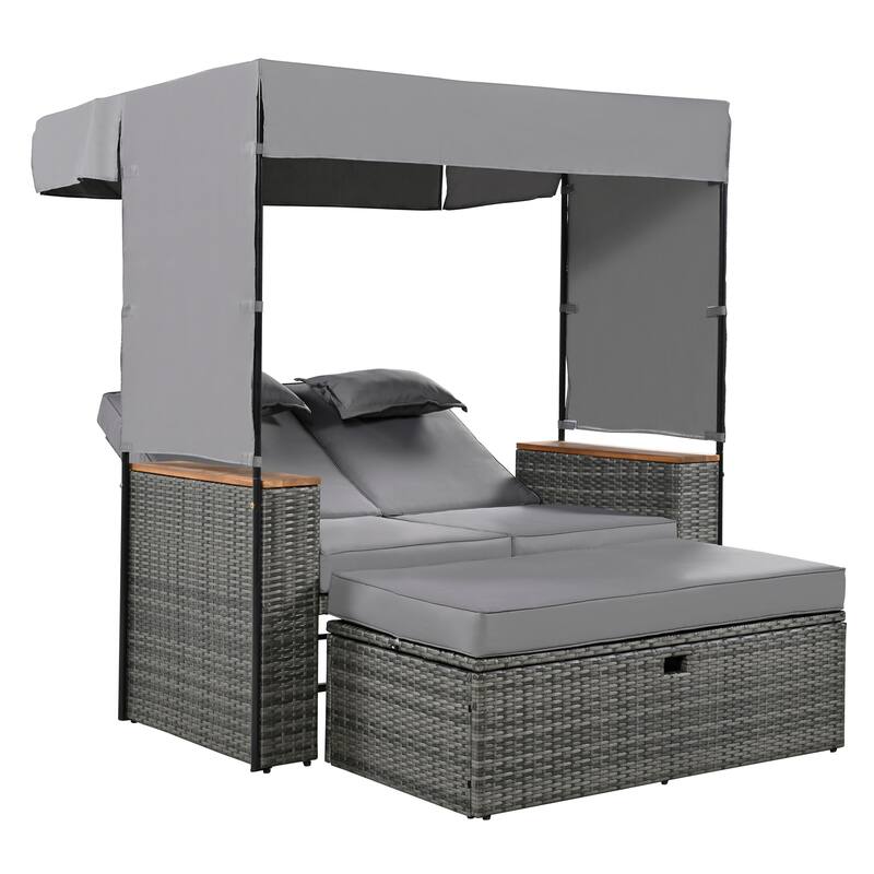 2-Piece Outdoor Rattan Daybed Set with Adjustable Canopy and Cushions, 5 Reclining Positions and Hidden Storage Bench