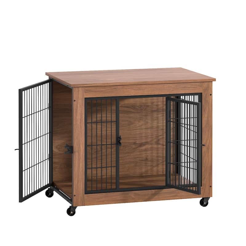 32.5" Dog Crate Furniture with Wheels for Small Dogs, Heavy Duty Dog Kennel Indoor with 2 Doors, Dog Cage for Anxiety Dog