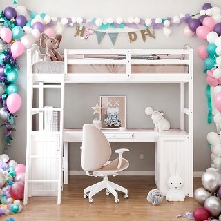 Modern Twin Size Loft Bed With Drawers,Cabinet,Shelves and Desk,Sturdy Construction