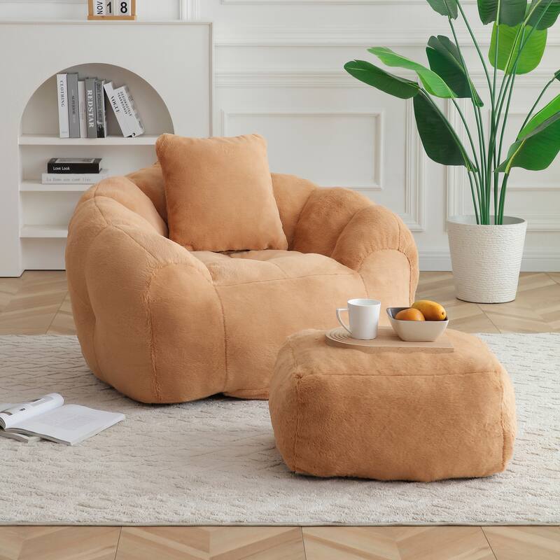 Faux Fur Shell-Shaped Medium Bean Bag Chair with Footstool - khaki
