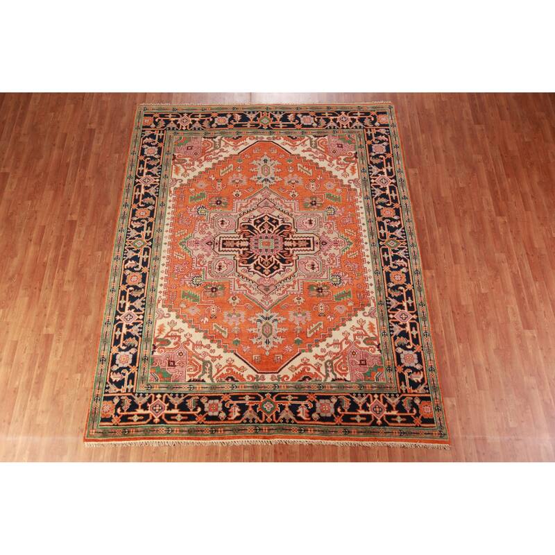 Orange Medallion Heriz Serapi Oriental Rug Hand-Knotted Wool Carpet - 8'1" x 9'11"