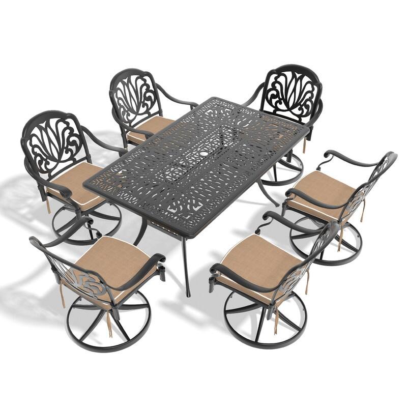 7-Piece Aluminum Rectangular Outdoor Patio Dining Set, 6 Cushioned Swivel Chairs, Table, All-Weather Frames