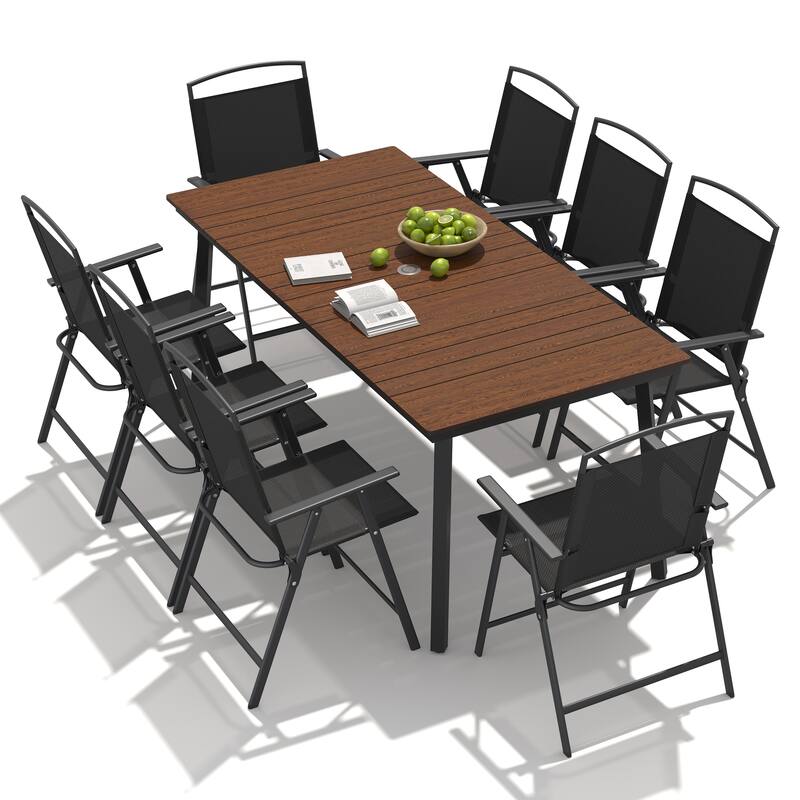 9-Piece Outdoor Dining Set Patio Dining Table with Umbrella Hole and Folding Chairs