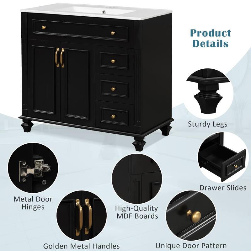 Roomfitters 36" Bathroom Vanity with Sink, Flip-Out Drawer, 3 Drawers, Soft-Close Doors, Solid Wood Cabinet