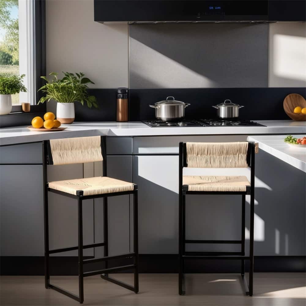 Modern Bar Stools with Metal Frame and Woven Seat(Set of 2) - N/A