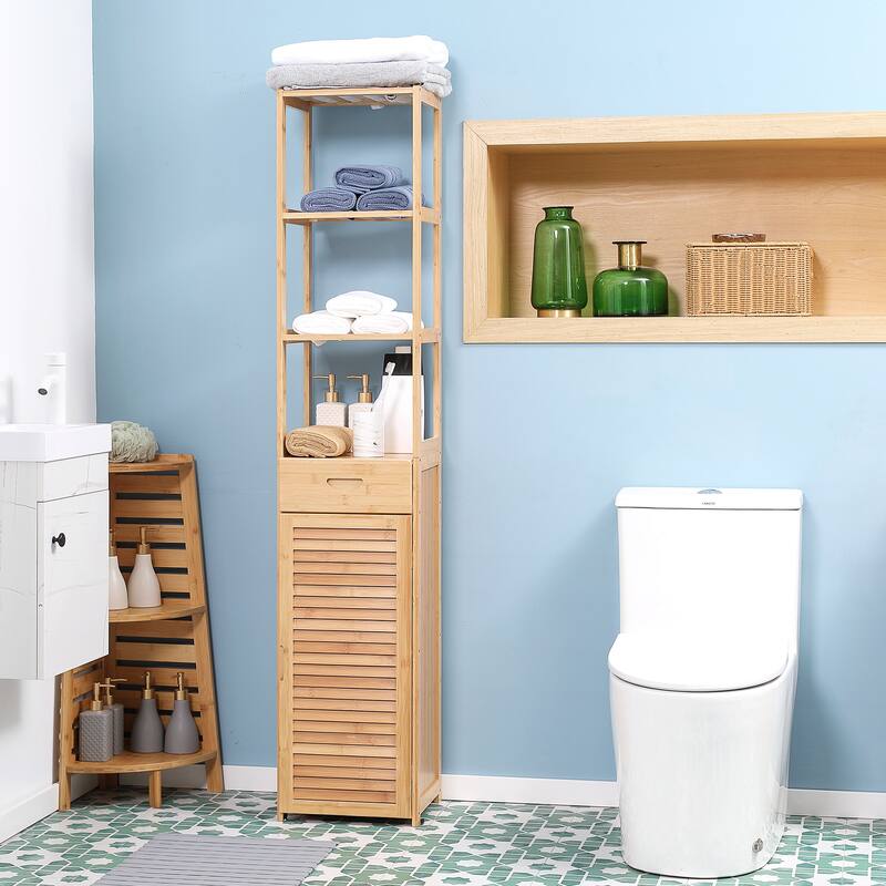 Natural Tall Bathroom Cabinet Display Cabinet with Open Shelves, Rustic Floor Cabinet with Louvered Door