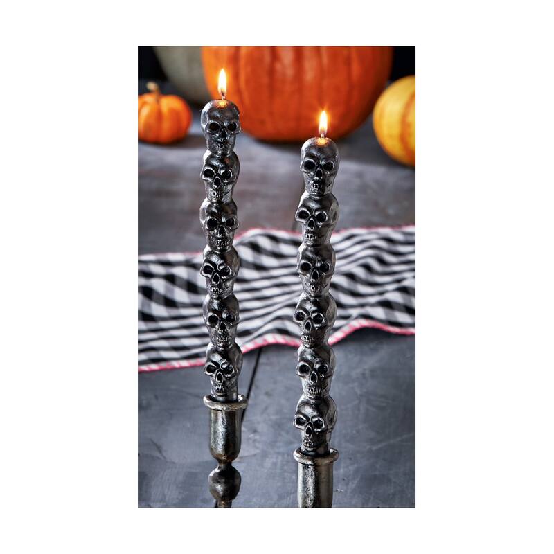 Set of 2 Skull Taper Candles - Black Flame Candles for Halloween - Paraffin Wax - 9.8 in x 1.35 in - 4 Hour Burn Time