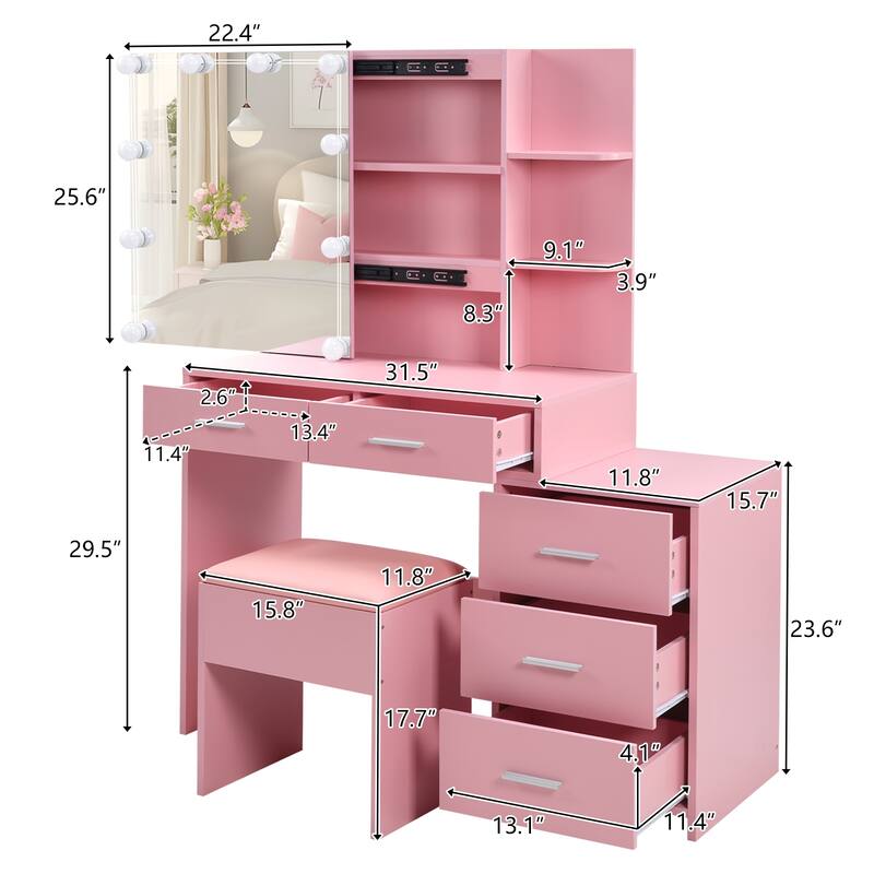 Pink Dressing Table Set with Sliding Mirror Cabinet 5 Drawers and Shelves Lighted Mirror