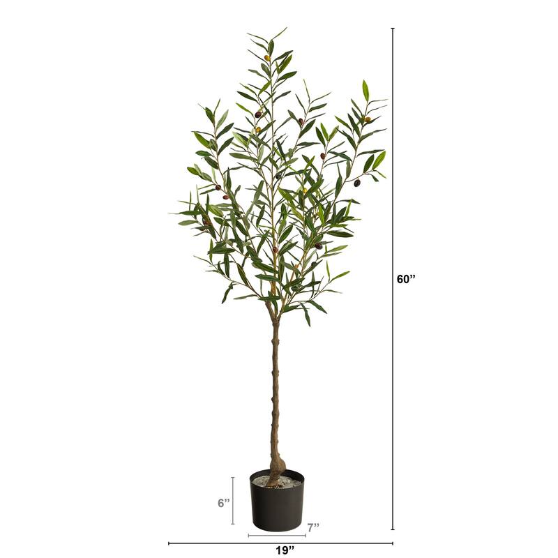 Artificial Olive Tree 5ft - Modern Faux Tree with Olives, Brown Trunk & Planter - Home Decor Accent - Green - 51-60 Inches