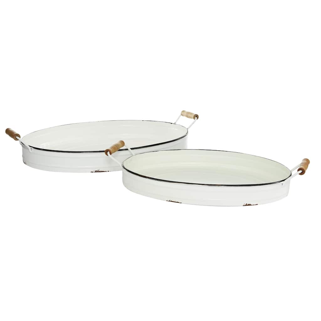 Metal Tray with Wood Handles - Set of 2 White - Roche River Decor