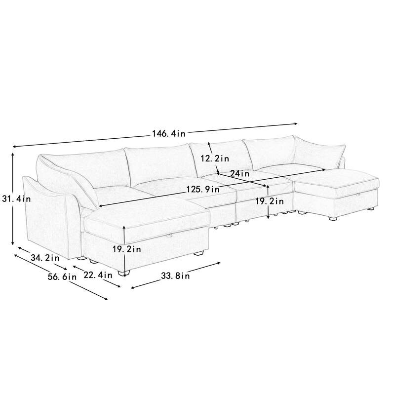 GDFStudio - Chenille U-Shaped 4-Seater 146.4" Modular Sofa with 2 Ottomans and Storage Drawers