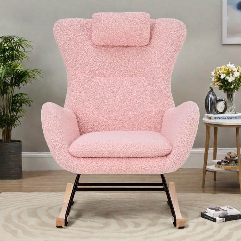 Polyester Glider Chair with Adjustable Headrest and Storage Pocket, Rubber Wood Base