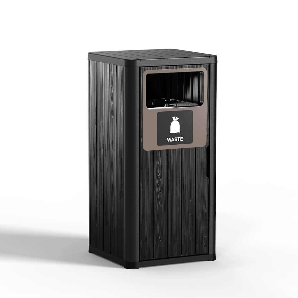 Single-Barrel Outdoor Trash Can,Waterproof Resin Garbage Can with Garbage Labels,Durable Waste Bin for, Backyard, Porch