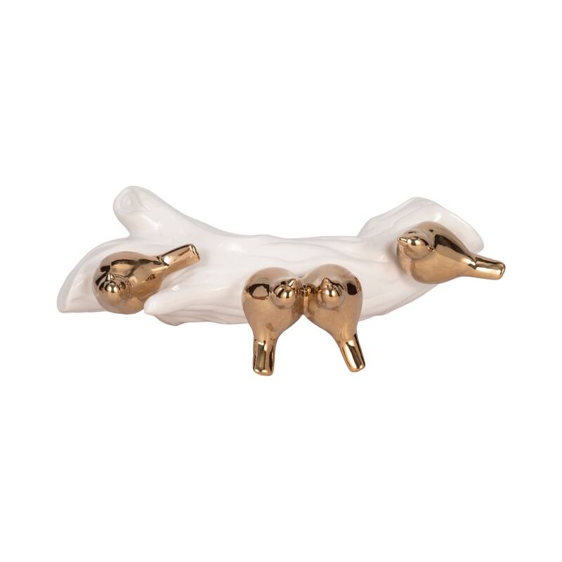 Porcelain Bird Statue with White Branch Base - 14", White & Gold - 14" x 5" x 6"