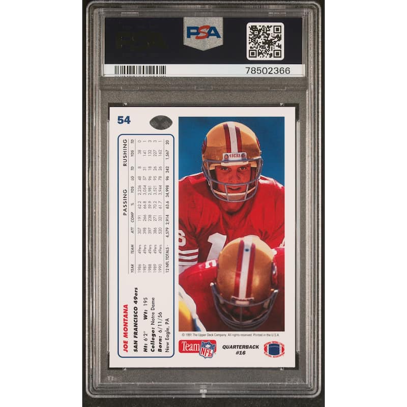 Joe Montana 1991 Upper Deck Football Card #54 Graded PSA 10 - 8'6" x 11'6"