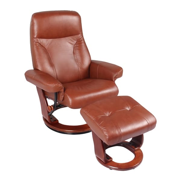 slide 1 of 13, Almond Genuine Leather Recliner and Ottoman Cognac