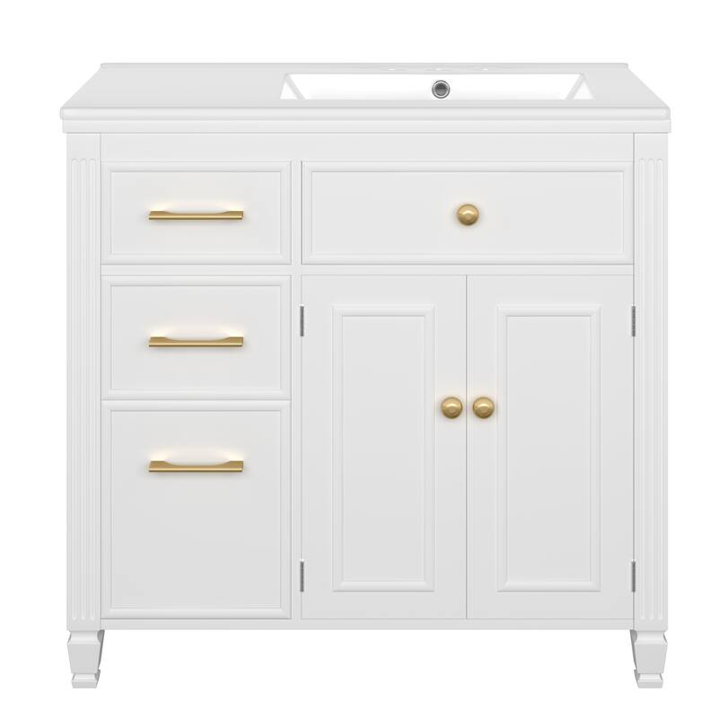 Roomfitters Bathroom Vanity with Sink, Ceramic Basin with One Tip-out Drawer, Three Side Drawers and Adjustable Shelf