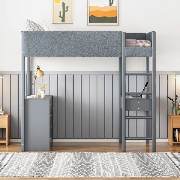 slide 2 of 14, Teddy Fleece Twin Loft Bed with Shelves, Drawers and Desk, Gray Gray - Twin