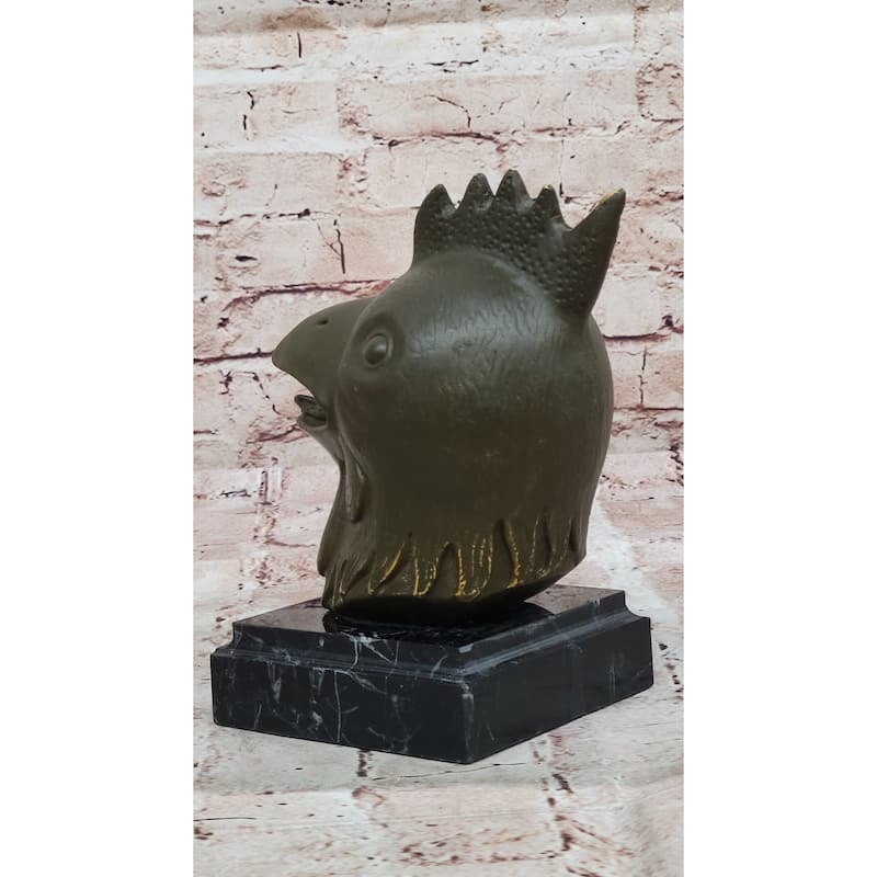 Bronze Rooster Head Bust On Marble Base – Stylized Zodiac Sculpture