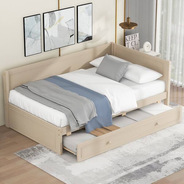 slide 2 of 30, Twin Size Wood Daybed with Trundle and Guardrail, Solid Pine Frame, No Box Spring Required, Vintage Style for Bedroom, Beige Beige