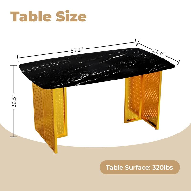 Rectangular Tempered Glass Dining Table for 6, Featuring a Marble-Patterned Design with Golden Hollow-Out Metal Legs