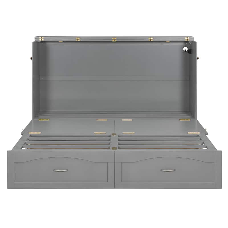 Folding Murphy Bed Queen Size Wall Cabinet Bed with Storage Drawer, Charging Station and Pulley Structure Design