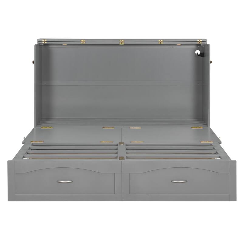 Queen Size Pull Out Murphy Bed Wall Bed with Charging Station, Storage Murphy Cabinet Bed with 2 Drawers, No Box Spring Needed