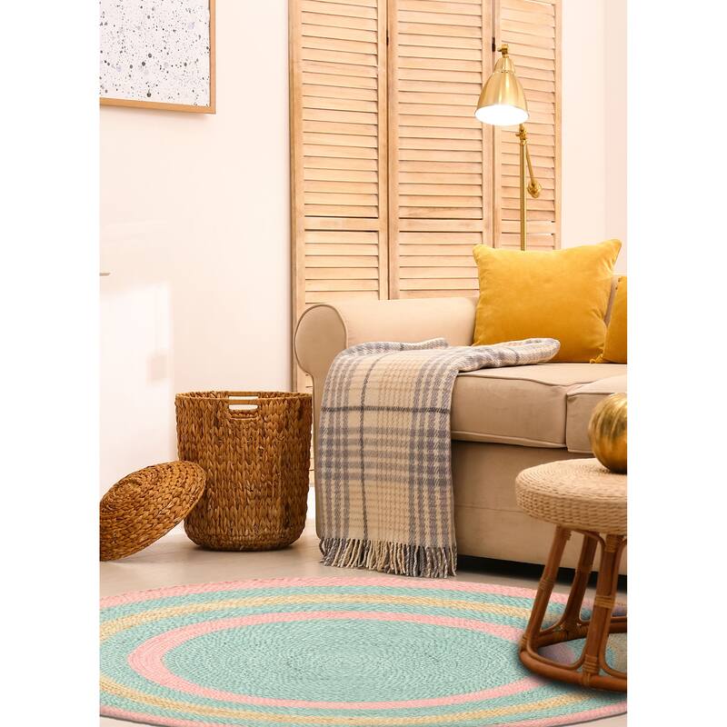 ECARPETGALLERY Braided Weave Palas Denizli Light Green Jute Rug - 3'3 x 3'3