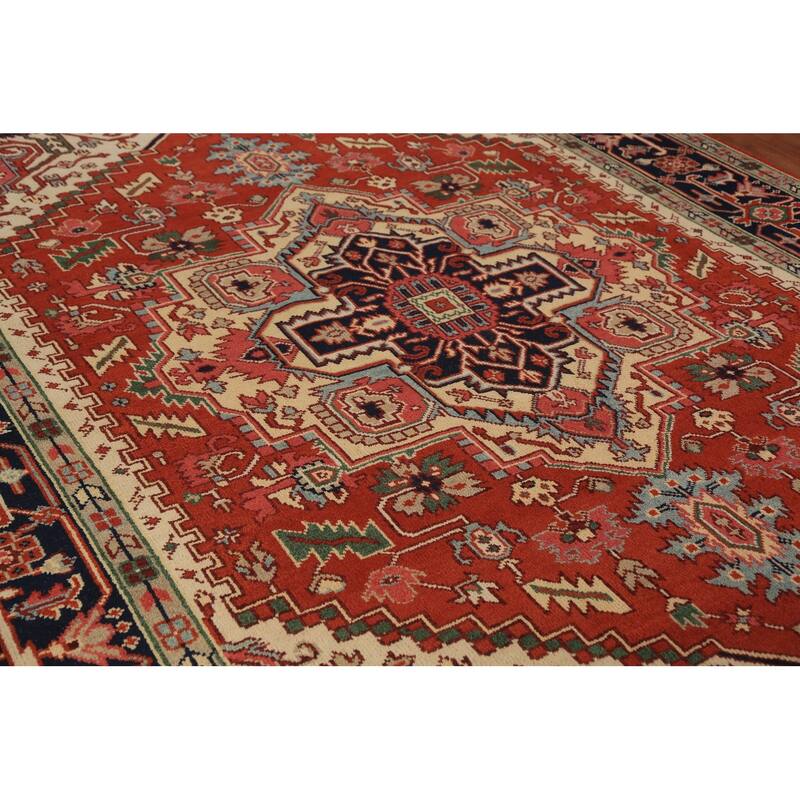 Geometric Heriz Serapi Indian Area Rug Hand-Knotted Wool Carpet - 8'11"x 11'7"